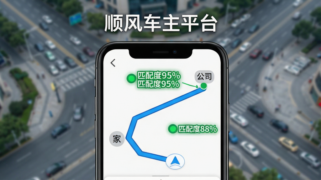 һ��չʾ˳�糵��ƽ̨·��ƥ�书�ܵ�ͼƬ�������������ֻ���Ļ��д����Ļ����ʾһ���ӡ��ҡ�������˾������ɫ����·�ߣ�·���Ա��м�����ɫ��СԲ���ע�š�ƥ���95%����ƥ���88%������Ļ�Ϸ�д�š�˳�糵��ƽ̨���ı��⣬������ģ���ĳ��е�·���ͼ����������죬�����������޶���Ԫ�ء�
