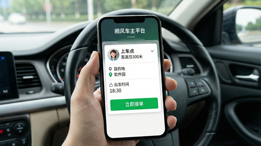 һ��չʾ˳�糵��ƽ̨�ӵ����������ͼƬ��������һֻ�������ֻ�����Ļ����ʾ��һ���˿Ͷ�����Ƭ����Ƭ���г˿�ͷ���ϳ��㡰������300�ס���Ŀ�ĵء�����԰��������ʱ�䡰18:30�����·���һ����Ŀ����ɫ�������ӵ�����ť���ֻ��Ϸ��С�˳�糵��ƽ̨�������������ǳ��ڼ�ʻ���ӽǣ����дʵ�����ʸɾ����޶���Ԫ�ء�
