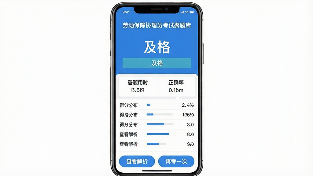 一张手机屏幕截图展示图,画面中手机屏幕上显示着“劳动保障协理员考试聚题库”的模拟考试结果页面,屏幕上方显示着醒目的分数数字和“及格”字样,中间是答题用时和正确率统计,下方是各题型的得分分布列表,底部有查看解析和再考一次两个按钮,整体配色以蓝色和白色为主,风格现代扁平,文字标签明确,画质干净,无多余元素