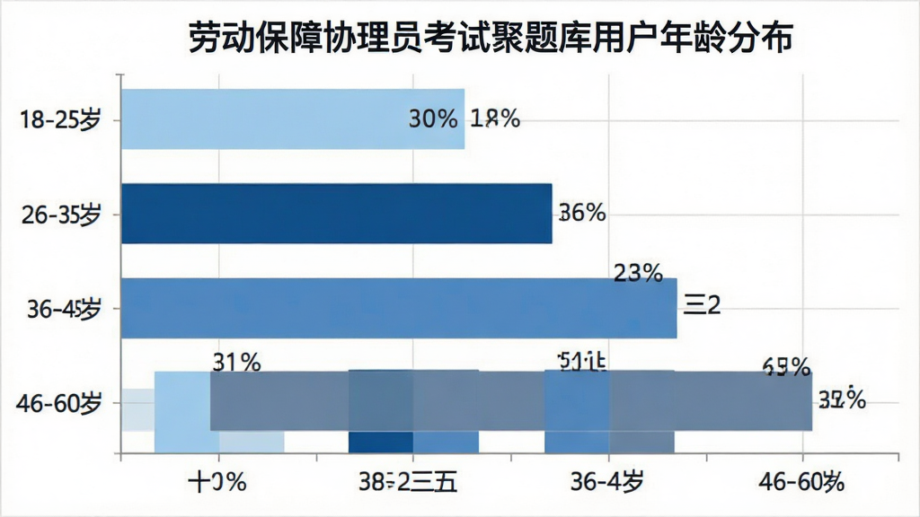 一张柱状图数据展示图,画面中是一个横向柱状图,标题为“劳动保障协理员考试聚题库用户年龄分布”,纵轴标注了18-25岁、26-35岁、36-45岁、46-60岁四个年龄段,横轴显示各年龄段用户占比分别为百分之十八、百分之三十五、百分之三十二、百分之十五,柱子颜色分别为浅蓝、深蓝、中蓝、灰蓝,图表背景为白色,有浅灰色网格线,数据标签清晰,整体风格简洁专业,画质干净,无多余元素
