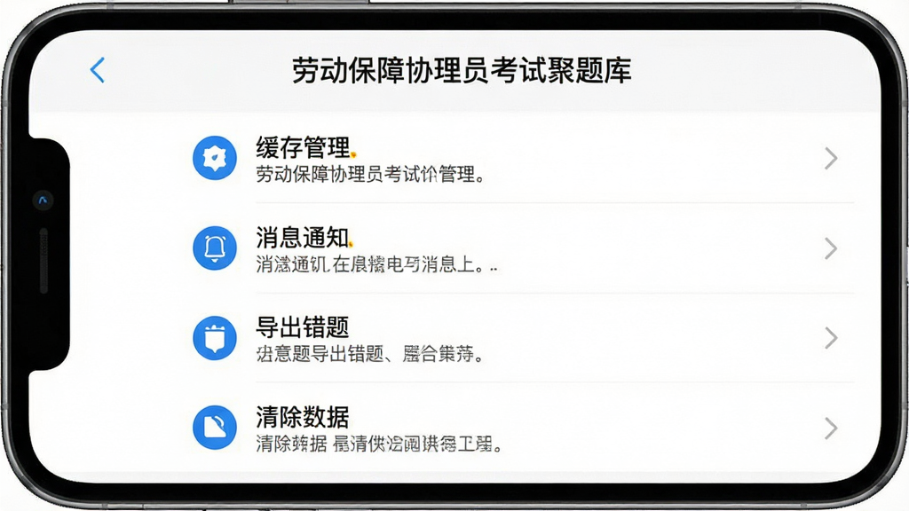 一张手机屏幕截图展示图,画面中手机屏幕上显示着“劳动保障协理员考试聚题库”的设置界面,屏幕上有缓存管理、消息通知、导出错题、清除数据等选项,每个选项旁边有对应的图标和说明文字,界面以白色为底,蓝色图标点缀,排版简洁明了,文字清晰易读,画质干净,无多余元素