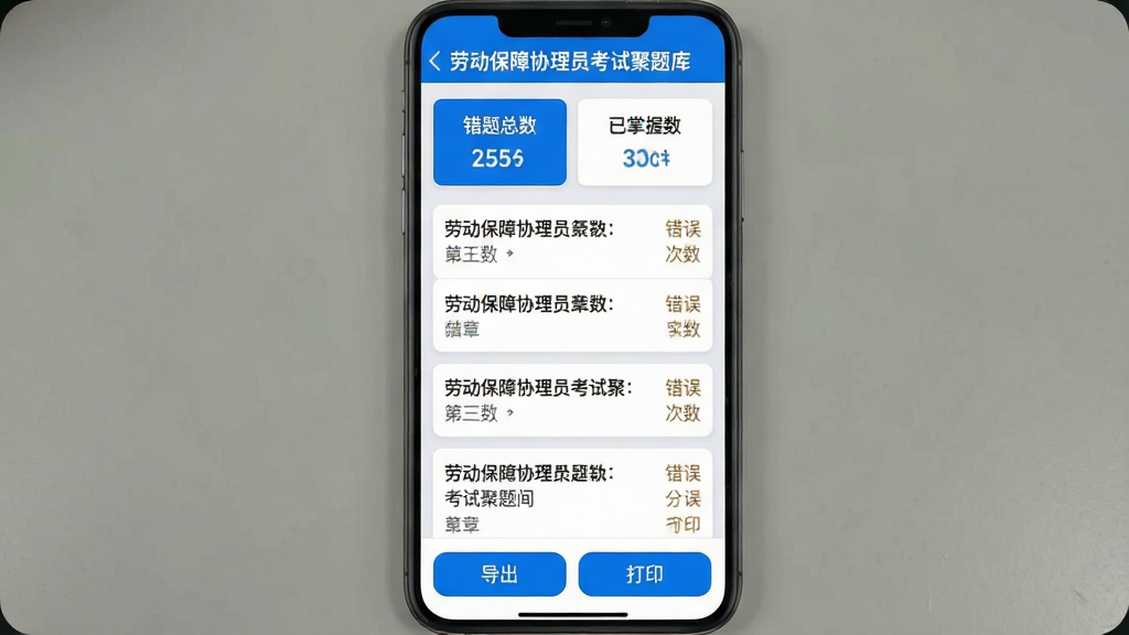 一张手机屏幕截图展示图,画面中手机屏幕上显示着“劳动保障协理员考试聚题库”的错题本界面,屏幕上方有错题总数和已掌握数量的统计卡片,中间是错题列表,每道题旁边标注了所属章节和错误次数,底部有导出和打印两个按钮,界面以浅灰色为背景,白色卡片承载内容,蓝色作为强调色,整体布局清晰,文字大小适中,画质干净,无多余元素