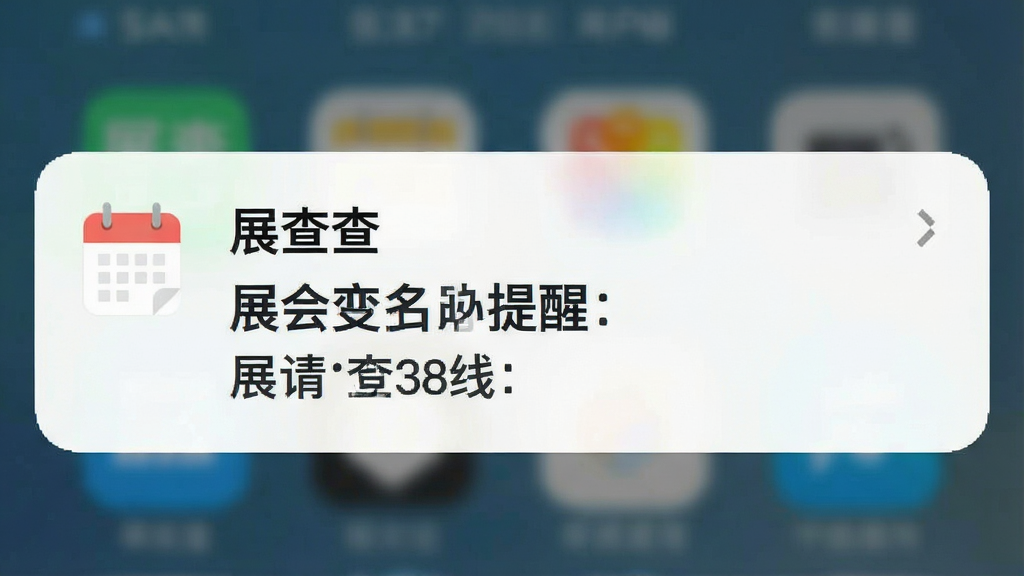 一张手机通知栏截图风格的图片,展示“展查查”推送的展会变动提醒,画面中有日历图标和展会名称,背景是简洁的白色,布局清晰,风格现代,画质干净,无多余元素