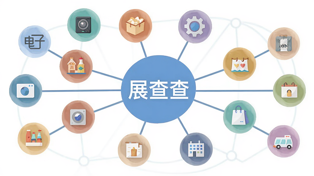 一张信息聚合展示图,画面中以“展查查”为核心标识,四周延伸出不同行业的展会图标,如电子、食品、机械、文创等,用线条连接形成网络状结构,布局清晰,风格扁平化,色彩柔和,画质干净,无多余元素