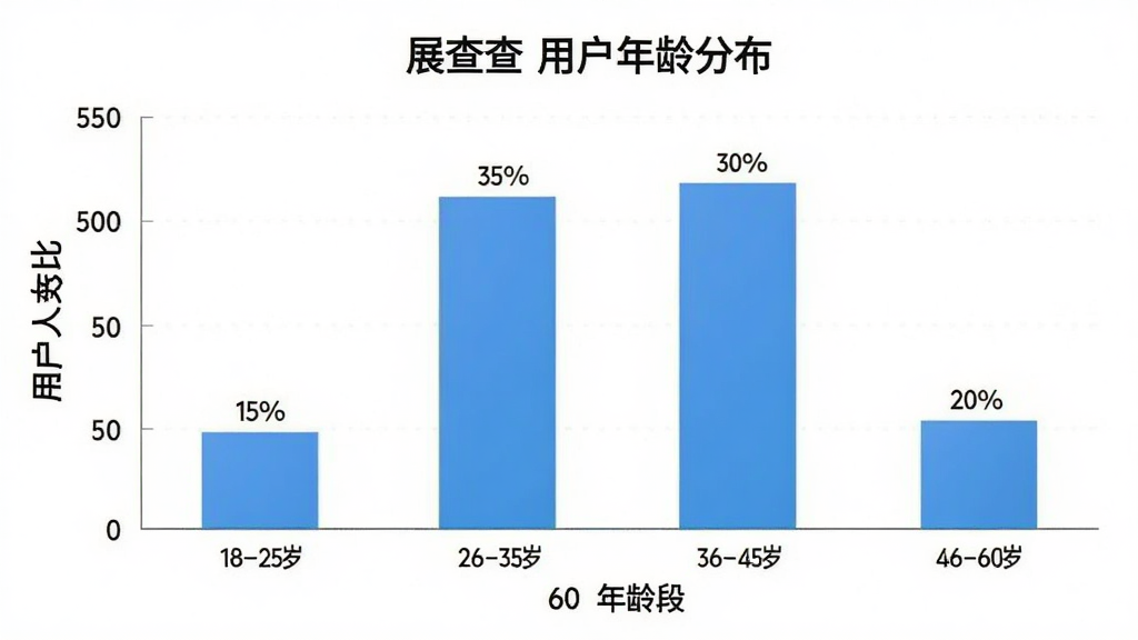 一张柱状图展示“展查查”用户年龄分布,横轴为18-60岁年龄段,纵轴为用户人数占比,柱子高度依次为18-25岁占15%,26-35岁占35%,36-45岁占30%,46-60岁占20%,背景简洁,风格现代,画质干净,无多余元素