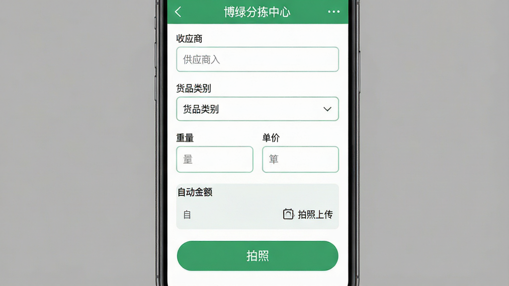һ��չʾ���̷ּ�����App�ջ��Ǽǽ���Ĺ��ܽ�ͼ���ͼƬ������Ϊ�ֻ���Ļ��д����Ļ��ʾ�ջ��ǼǱ�����������Ӧ������򡢻�Ʒ��������˵��������뵥��������Զ����������������ϴ���ť�����ִ��ϵ����������У����������ϸ�����������ǳɫ�߿򡢰�ťΪ��ɫԲ�ǣ���������������Ԫ�أ�����Ϊ��ɫ��