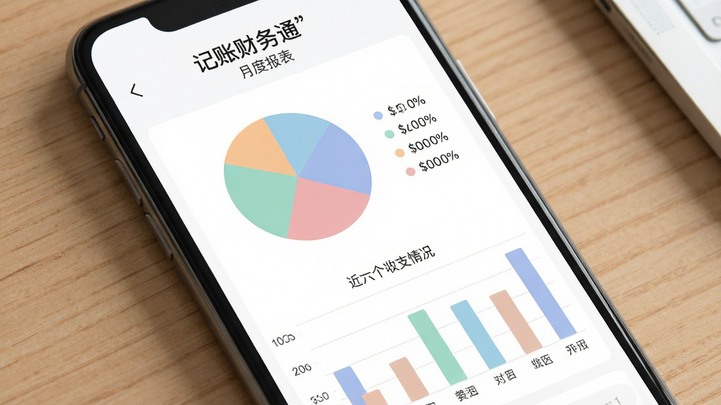 记账财务通数据报表统计页面,手机屏幕上展示记账财务通的月度报表界面,包含一个彩色饼图显示各类支出占比,下方有柱状图对比近六个月收支情况,图表配色柔和清晰,屏幕顶部有