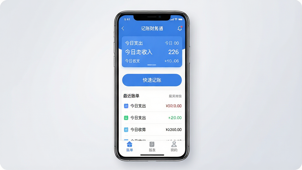 记账财务通手机应用主界面展示,画面中央是一部智能手机,屏幕上显示记账财务通APP的首页,顶部有当日收支汇总卡片,中间是快速记账按钮和最近账单列表,底部为账单、报表、我的三个导航选项卡,整体配色以蓝色和白色为主,清新简洁,界面文字包含