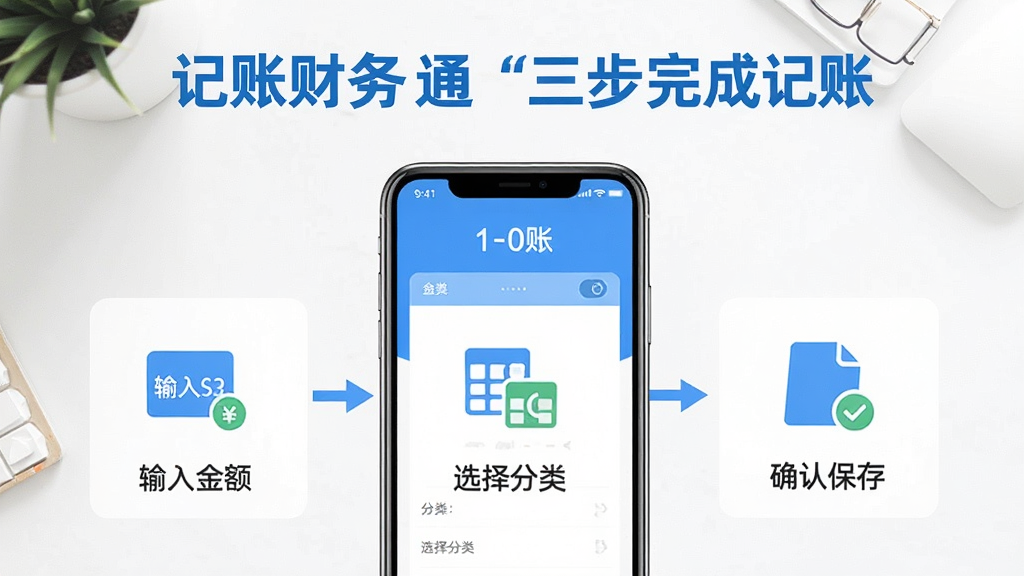 记账财务通新手操作引导页面,手机屏幕展示记账财务通的记账流程示意图,画面分为三个步骤展示:第一步输入金额、第二步选择分类、第三步确认保存,每个步骤用简洁的图标和文字标注,屏幕上方有