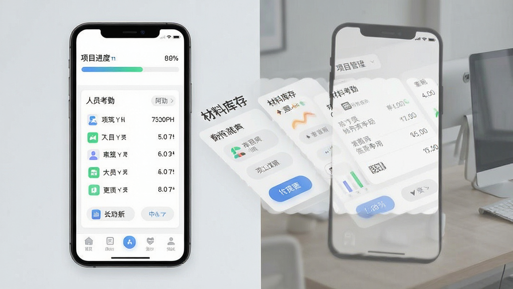 一张展示阿筑App核心功能的手机界面合成图,主体是手机屏幕显示工程项目管理仪表盘,布局为顶部项目进度条,中间人员考勤列表和材料库存卡片,底部导航栏,排版采用现代扁平化设计,风格简洁商务,细节上按钮圆润、图标清晰,画质高清干净无多余元素