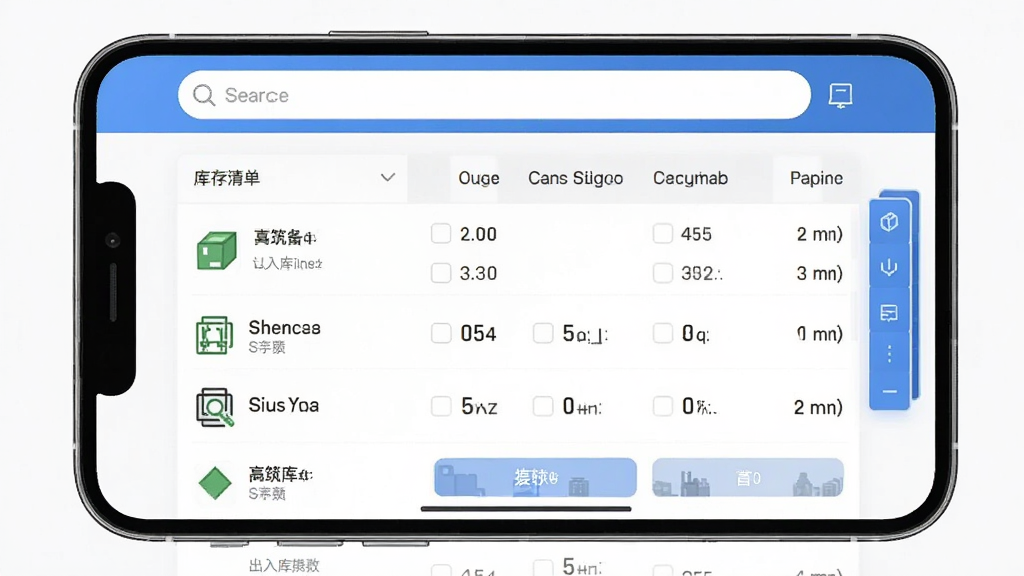 一张阿筑App材料管理界面的功能展示图,主体是手机屏幕显示库存清单与出入库记录,布局为顶部搜索栏中间数据列表底部操作按钮,排版规整,风格为商务简约风,细节包含材料图标和数量单位,画质高清干净无多余元素