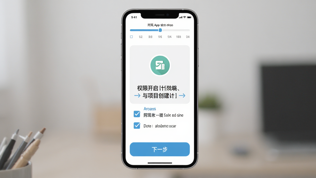 一张阿筑App新手设置引导界面的展示图,主体是手机屏幕显示权限开启与项目创建步骤,布局为顶部进度指示中间图文说明底部下一步按钮,排版简洁明了,风格为扁平化引导页,细节包含勾选框和箭头指引,画质高清干净无多余元素
