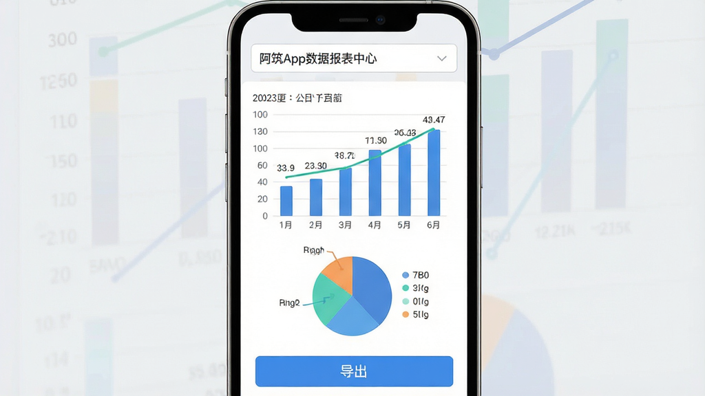 一张阿筑App数据报表中心的功能展示图,主体是手机屏幕显示柱状图与饼状图分析,布局为顶部日期筛选中间图表底部导出按钮,排版对称,风格为数据可视化仪表盘,细节包含数值标签和趋势线,画质高清干净无多余元素