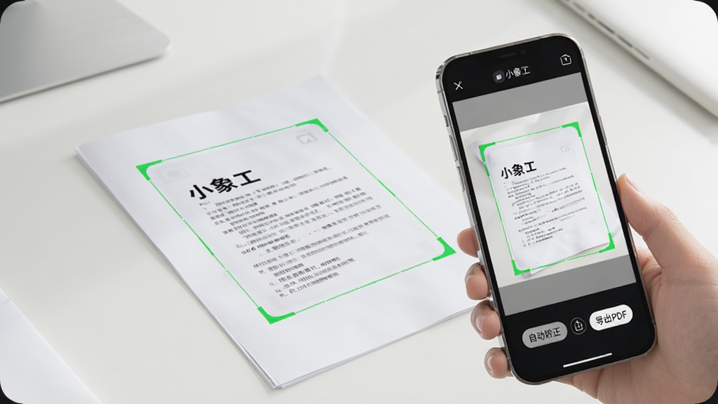 画面展示一个办公桌面,桌面上放着一份纸质文件,一部手机正对着文件拍摄,手机屏幕上显示“小象工”的扫描界面,界面中纸质文件的边缘被绿色的框线自动捕捉,屏幕下方有“自动矫正”和“导出PDF”的按钮。画面风格是明亮简洁的产品展示风,背景干净,画质清晰,无杂乱物品。