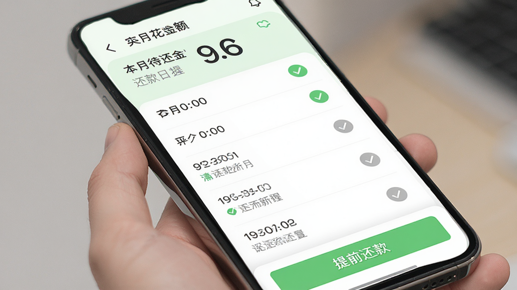 果然有钱花还款管理界面,手机屏幕显示还款计划列表,每期还款状态用绿色对勾和灰色圆圈区分,顶部有本月待还金额和还款日提醒,底部有提前还款按钮,界面风格清爽,配色以白色和浅绿色为主,文字排版整齐,画质高清,无杂乱元素