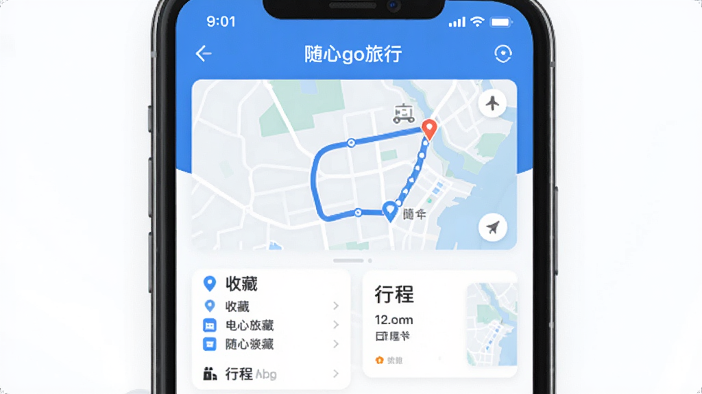 �ֻ���Ļչʾ������go���С�App�������棬���������Ǽ���·�߹滮��ͼ���·��еص��ղ��б����г̿�Ƭ�����岼������������ִ���ƽ��������ɫ�����ʸɾ����޶���Ԫ��
