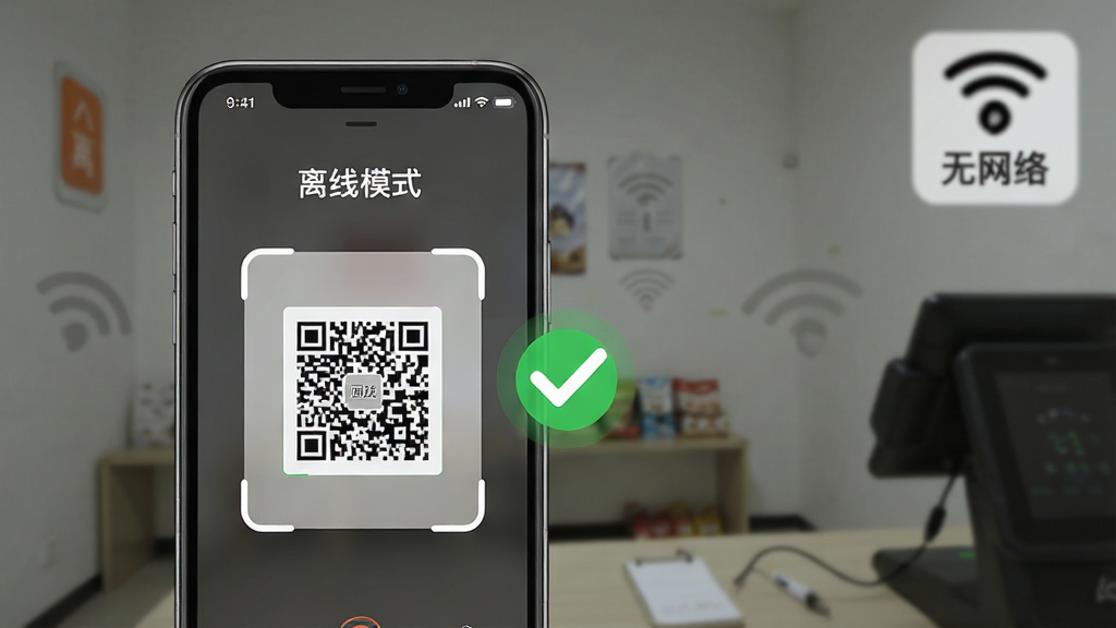 一张表现八公收银离线收款功能的图片,手机屏幕显示“离线模式”标识,但扫码框依然在工作,旁边有一个打勾的图标表示收款成功。背景是信号较弱的室内环境,有“无网络”的提示图标虚化在角落。风格简洁实用,画质清晰。