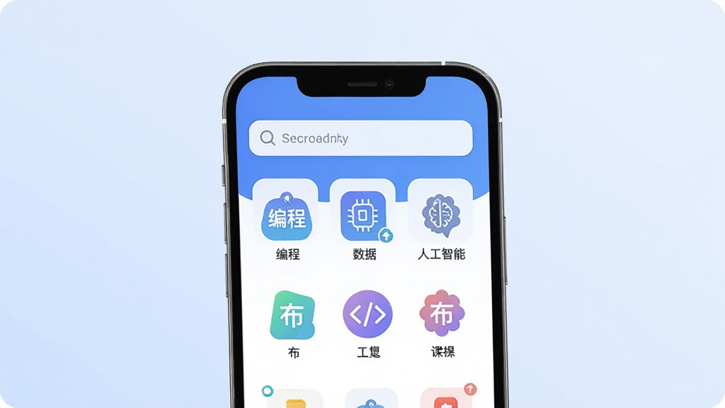 ѧ���� �ֻ�Ӧ�ý���չʾ ����Ϊһ�������ֻ� ��Ļ��ʾѧ����APP��ҳ�� ҳ�涥���������� �м��ǿγ̷���ͼ�������� ���� �˹����� �������� ����Ϊ����ɫ���� ����ִ���Լ��ƽ�� ϸ��Բ�� ���ʸɾ� �޶���Ԫ��