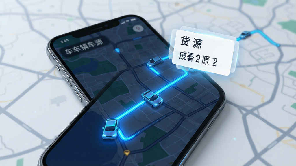 车镇车源 手机屏幕 展示智能线路匹配 布局 地图背景 路线高亮 货源卡片浮动 排版 直观 风格 科技感 蓝色光效 细节 路线清晰 车辆图标 画质 高清 干净 无多余元素