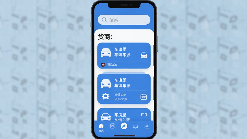 车镇车源 手机应用主界面 布局 顶部搜索栏 中间货源列表卡片 底部导航栏 排版 清晰整洁 风格 现代扁平化 蓝色为主色调 细节 图标圆润 字体清晰 画质 高清 干净 无多余元素
