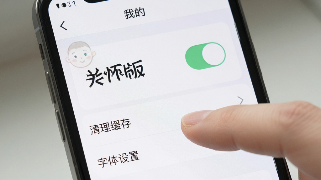 手机界面展示新畿辅App的“我的”页面,页面中有大字体的“关怀版”切换开关,下方有清理缓存和字体设置选项,背景简洁,手指正在点击屏幕,风格写实,画质干净