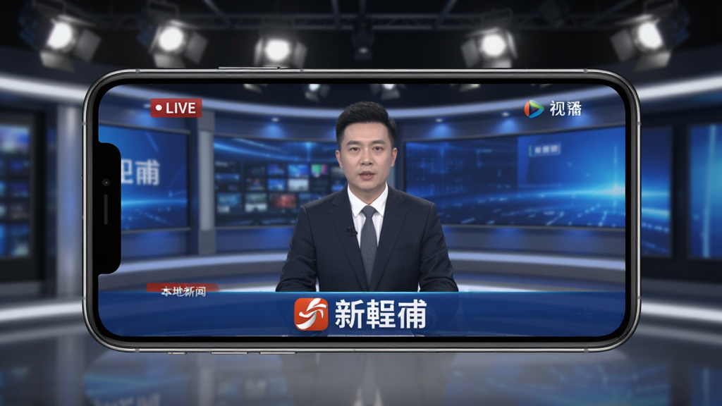 新畿辅App视听直播功能展示图,画面中手机横屏放置,屏幕里播放着本地新闻直播间画面,下方有“新畿辅”标志,背景是演播室灯光效果,风格写实,画质清晰,无多余元素