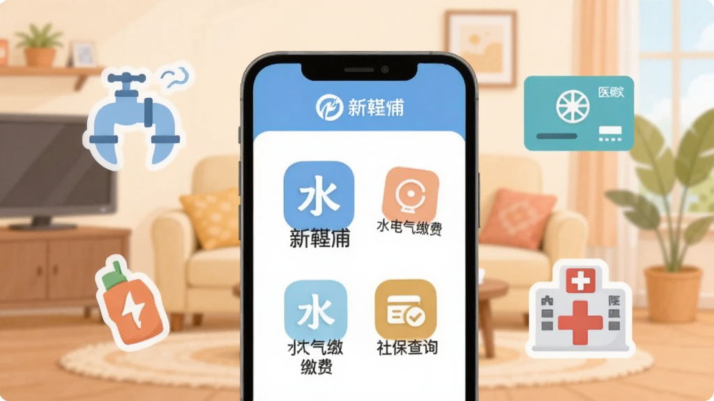 新畿辅App便民服务页面截图风格插画,画面中央是手机模型,屏幕内显示“新畿辅”水电气缴费和社保查询图标,周围环绕着水电图标、医保卡图标、医院十字图标,背景是温馨的家庭客厅场景,扁平化设计,色彩柔和,画质干净