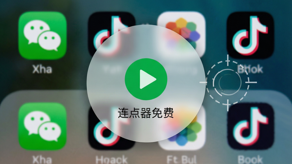 一张手机屏幕截图风格的图片,画面中有一个半透明的圆形悬浮窗,悬浮窗中心有一个绿色的播放图标,悬浮窗正下方是“连点器免费”的文字标识,背景是模糊的手机桌面,有微信、抖音等应用图标,悬浮窗旁边有一个虚线圆圈瞄准了一个按钮位置,整体风格真实自然,画质清晰,无杂乱元素。