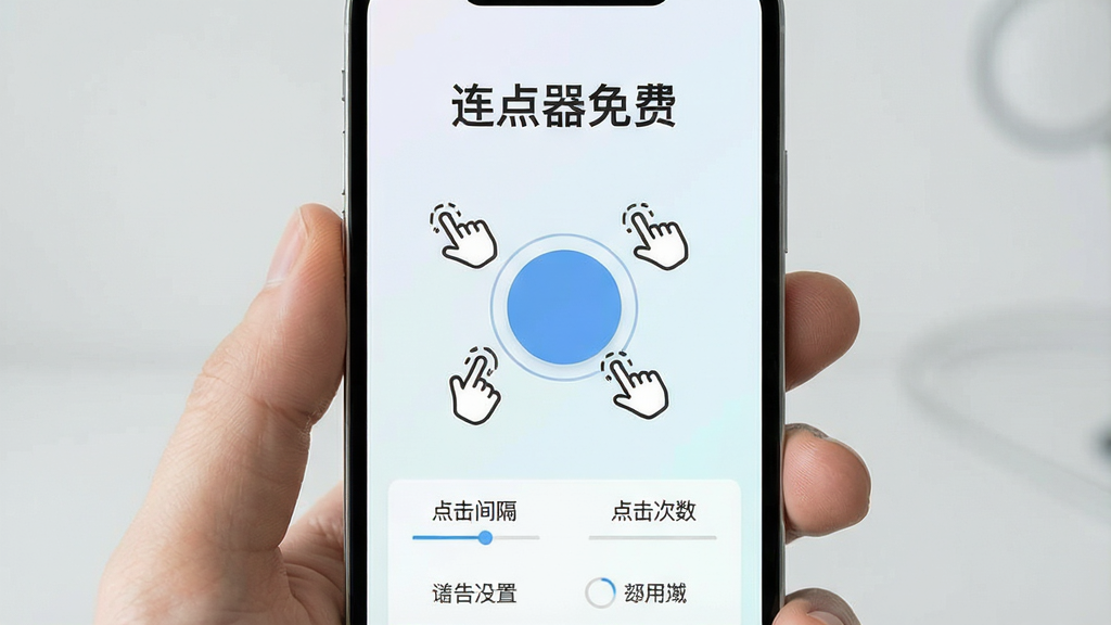 一张展示手机屏幕的图片,画面中央是“连点器免费”软件的主界面,界面设计简洁,背景是浅色渐变,顶部有“连点器免费”的标题文字,中间有一个醒目的圆形启动按钮,按钮周围环绕着点击手势的图标,下方有几个简单的设置选项如“点击间隔”、“点击次数”等,整体风格现代扁平,画质干净清晰,无多余装饰元素。