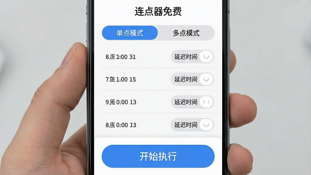 一张手机屏幕展示“连点器免费”设置界面的图片,界面上方有“单点模式”和“多点模式”的选项卡,下方是一个列表,列出了多个点击位置,每个位置旁边有坐标数字和延迟时间设置框,界面底部有一个大大的“开始执行”按钮,整体布局清晰,文字标签明确,风格现代扁平,细节圆润,画质干净无多余元素。