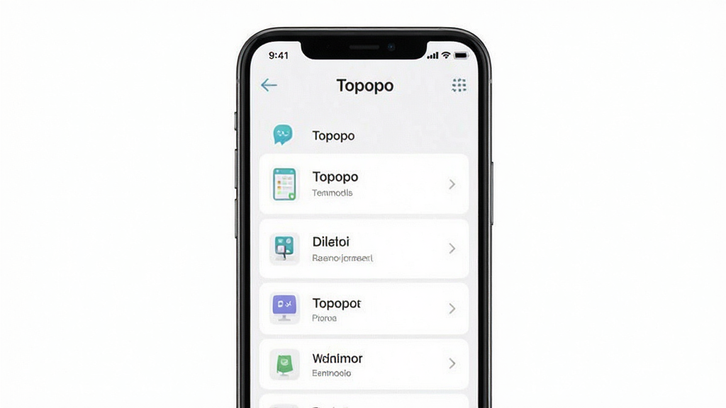 一张展示Topopo软件轻量无广告特点的图片,主体为手机屏幕显示Topopo应用界面,界面中无任何广告弹窗,布局为功能列表,排版简洁,风格清新简约,细节干净利落,画质清晰,背景为纯白色,屏幕中文字包含“Topopo”