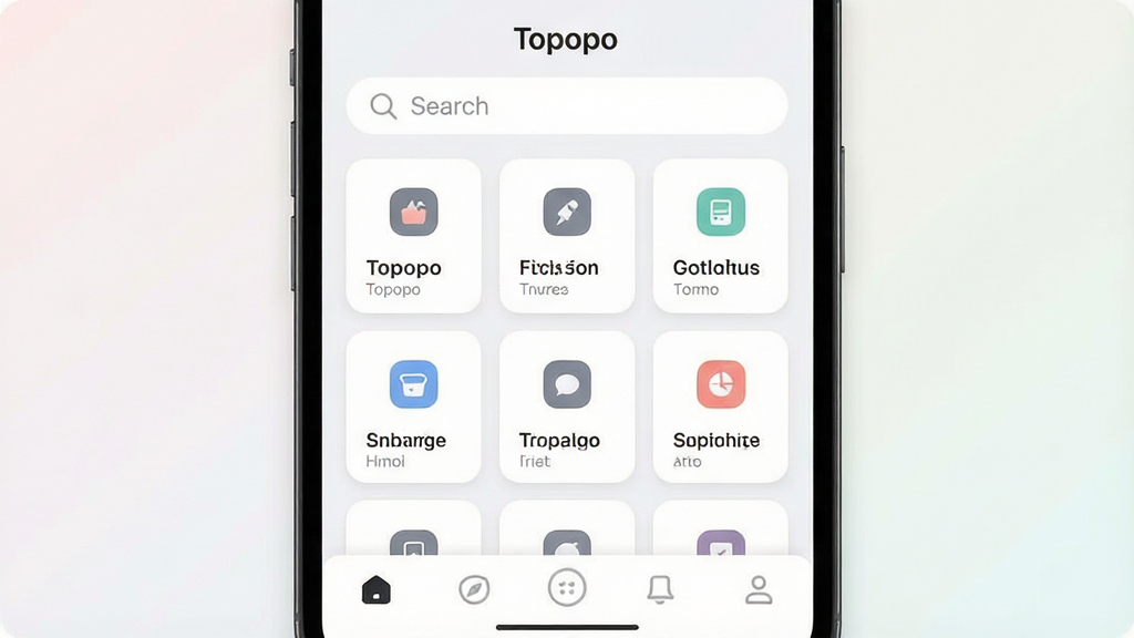 一张展示Topopo软件主界面的图片,主体为手机屏幕显示Topopo应用首页,布局简洁,顶部有搜索栏,中间为功能卡片网格,底部为导航栏,排版清晰,风格现代扁平化,细节圆润,画质干净,无多余元素,背景为浅色渐变,屏幕中文字包含“Topopo”