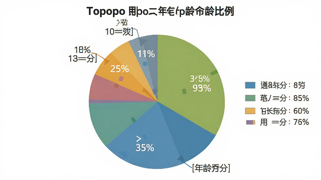 一张展示Topopo用户年龄分布比例的图表图片,主体为饼状图,布局为圆形饼图加图例,排版清晰,风格扁平化数据可视化,细节标注百分比,画质干净,背景为白色,图中文字包含“Topopo”和年龄分段标签
