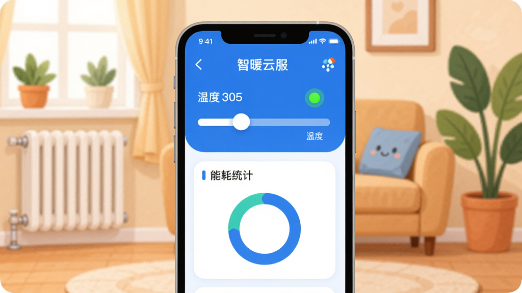 智暖云服智能供暖管理应用主界面,画面中央展示一个现代简约风格的手机屏幕,屏幕内是蓝白配色的供暖控制面板,显示温度调节滑块、设备在线状态指示灯、能耗统计环形图,背景是温馨的客厅场景,有暖气片和绿植点缀,整体风格清新扁平化,细节圆润,画质干净清晰,无多余元素