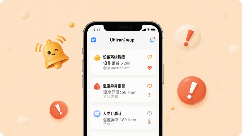 智暖云服消息提醒功能展示图,画面中央是一个手机屏幕显示消息通知列表,包含设备离线提醒和温度异常报警,屏幕周围有铃铛图标和感叹号图标点缀,背景是柔和的浅橙色,风格友好亲切,画质干净无多余元素