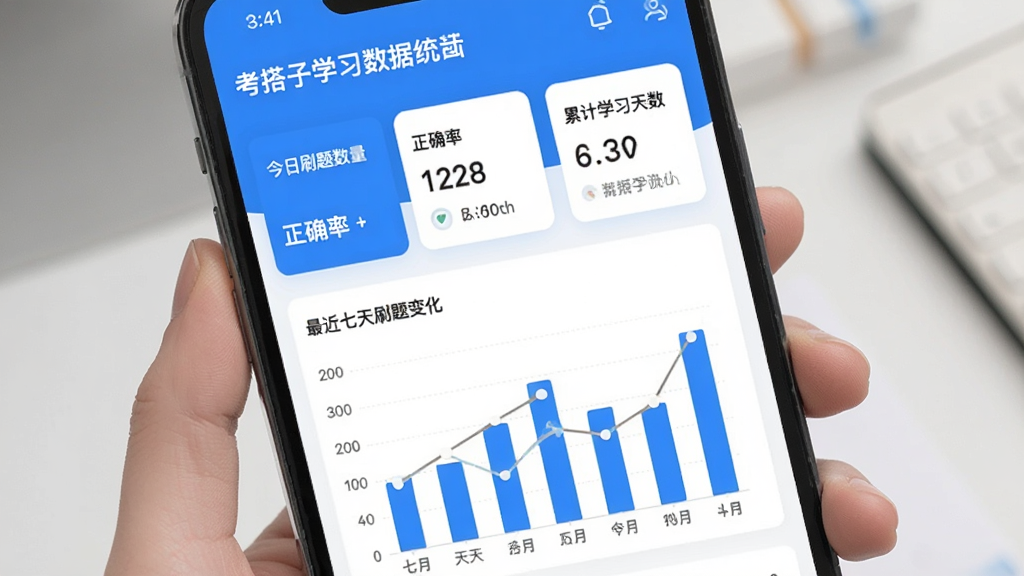 ������ѧϰ����ͳ��ҳ�棬�ֻ���Ļ��ʾ����ˢ����������ȷ�ʰٷֱȡ��ۼ�ѧϰ���������ݿ�Ƭ���·�����״ͼչʾ��������ˢ�����仯���������£�������ɫ����ƽ����ƣ����ʸɾ����޶���Ԫ��