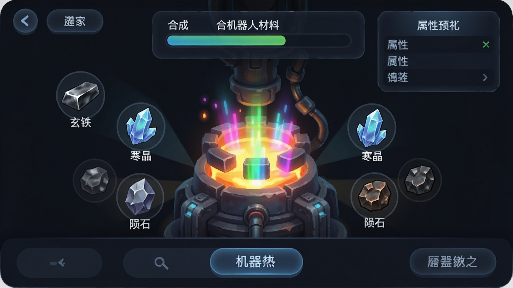 一张展示炼刀机器人材料合成界面的图片,画面中央是一个冒着彩色光芒的熔炉,周围漂浮着各种矿石图标,如