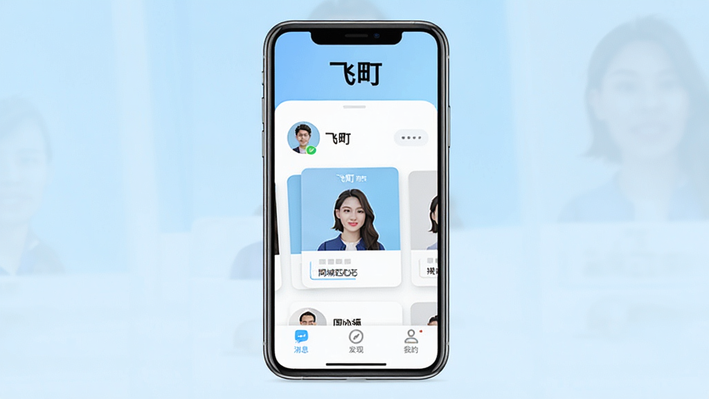 一张展示飞町App核心界面的概念图,画面中央是一台智能手机,屏幕显示飞町App的主页,顶部有“飞町”文字标识,中间是用户头像和同城匹配卡片,底部是消息、发现、我的三个导航图标,背景是浅蓝色渐变,风格现代简洁,画质干净清晰,无多余元素