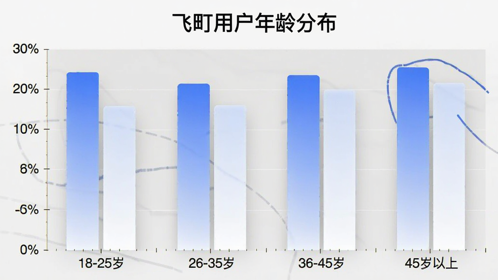 一张飞町用户年龄分布柱状图,横轴标注18-25岁、26-35岁、36-45岁、45岁以上四个年龄段,纵轴标注人数占比百分比,柱状图用蓝白渐变配色,图表上方有“飞町用户年龄分布”文字标题,整体风格简洁清晰,画质干净无多余元素