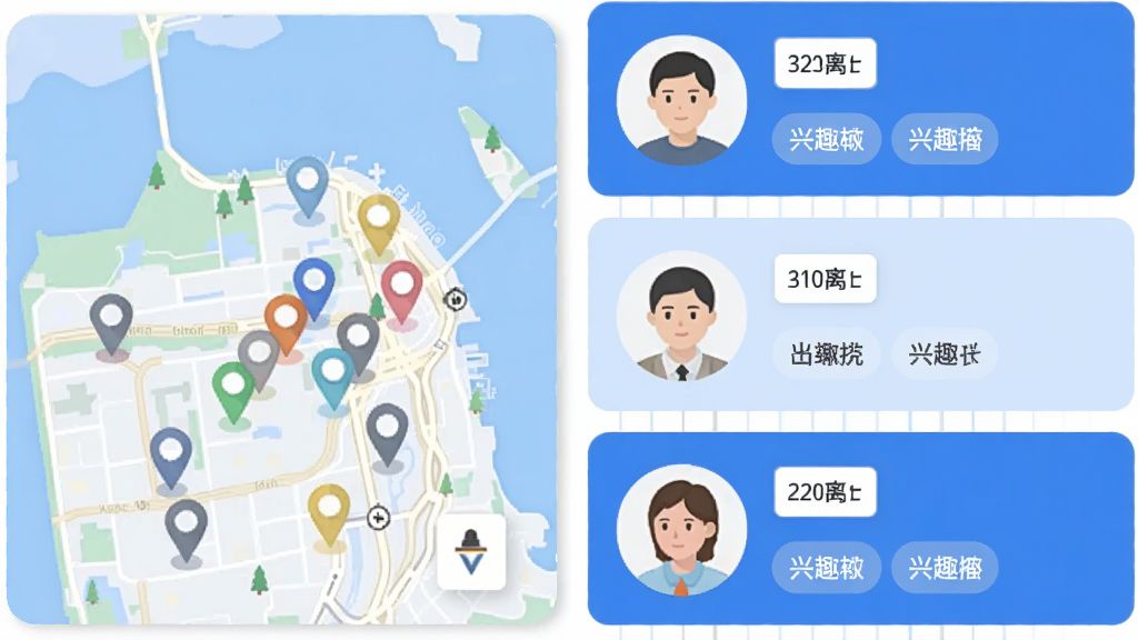 一张飞町同城匹配功能的示意图,画面左侧是一张地图缩略图,上面标注了多个彩色定位点,右侧是用户头像卡片列表,每张卡片带有距离标签和兴趣标签,整体用蓝白配色,风格清爽扁平,画质干净无多余元素