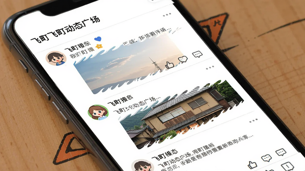 飞町App动态广场界面,手机屏幕展示瀑布流布局的用户动态,每条动态包含用户头像、昵称、文字内容和配图,右下角有点赞和评论图标,顶部有飞町动态广场标题,整体风格像社交平台,画质干净
