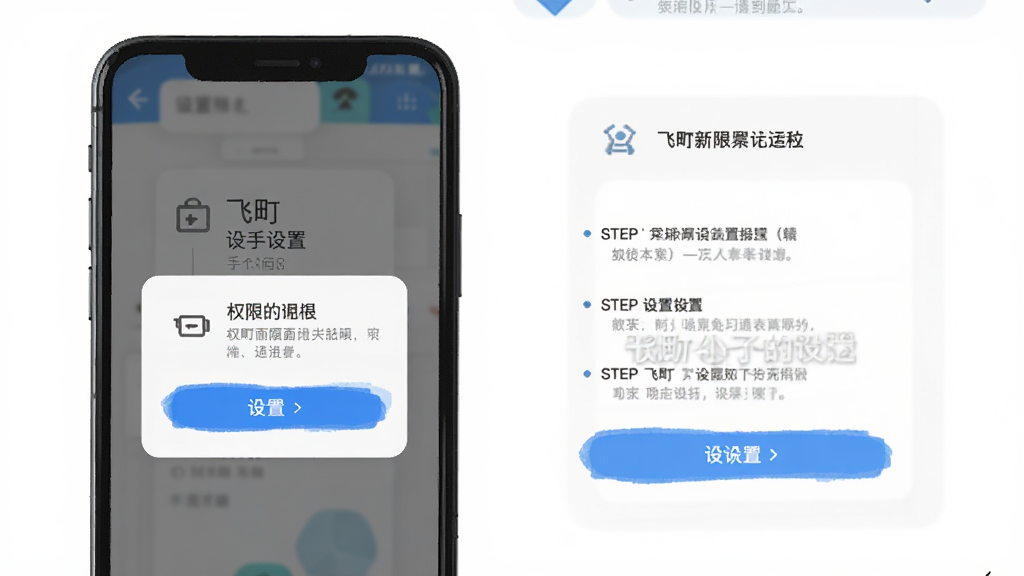 一张飞町新手设置引导界面的示意图,手机屏幕中显示权限请求弹窗和设置引导步骤,界面简洁清晰,带有蓝色高亮按钮和文字说明,整体风格现代扁平,画质干净无多余元素
