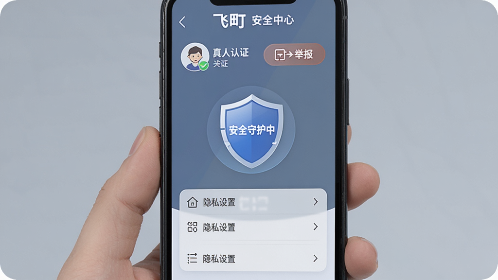 飞町App安全中心界面,手机屏幕显示真人认证标识和举报入口,中间有一个盾牌图标写着安全守护中,下方有隐私设置选项列表,整体风格给人安全感,蓝灰色调,画质干净