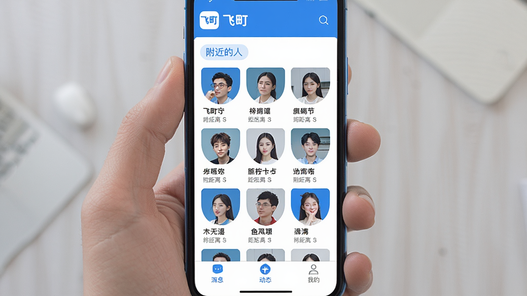 一张手机屏幕展示界面,屏幕中央是飞町App的主页,顶部显示飞町Logo和附近的人标签,中间是网格状的用户头像卡片,每个卡片下方有昵称和距离标签,底部导航栏有消息、动态、我的三个图标,整体风格清新简洁,蓝白配色为主,画质干净清晰,无多余元素