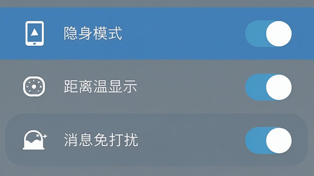 一张飞町隐私设置界面的示意图,手机屏幕中显示多个设置开关选项,包括隐身模式、距离显示、消息免打扰等,每个选项旁边有简洁的图标和文字说明,整体风格扁平化,蓝灰配色,画质干净清晰