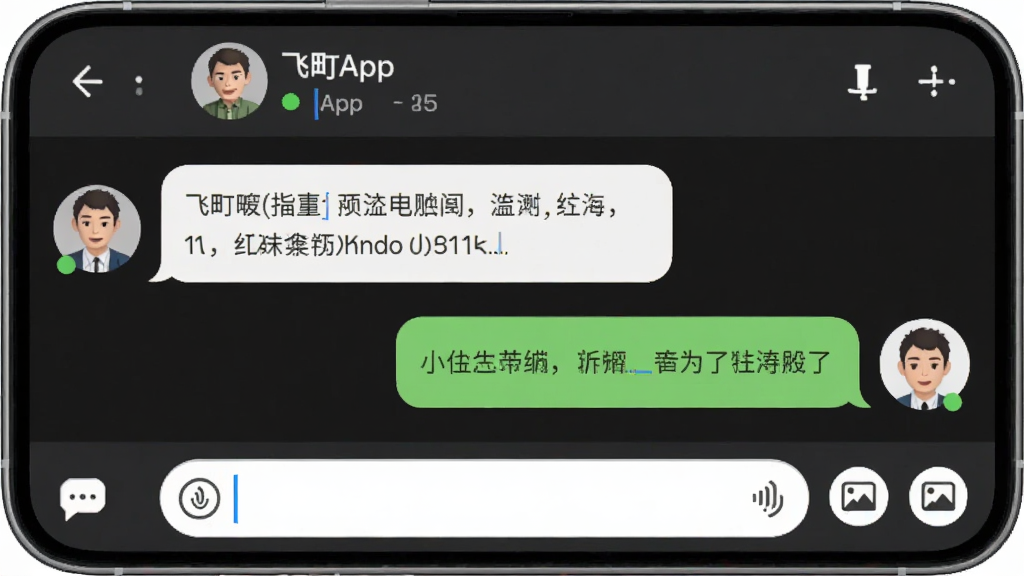 飞町App聊天对话界面,手机屏幕显示聊天气泡,左侧是对方发来的文字消息,右侧是自己的回复,输入框旁有语音和图片按钮,顶部显示对方昵称和在线状态小绿点,整体布局清爽,画质干净无多余元素