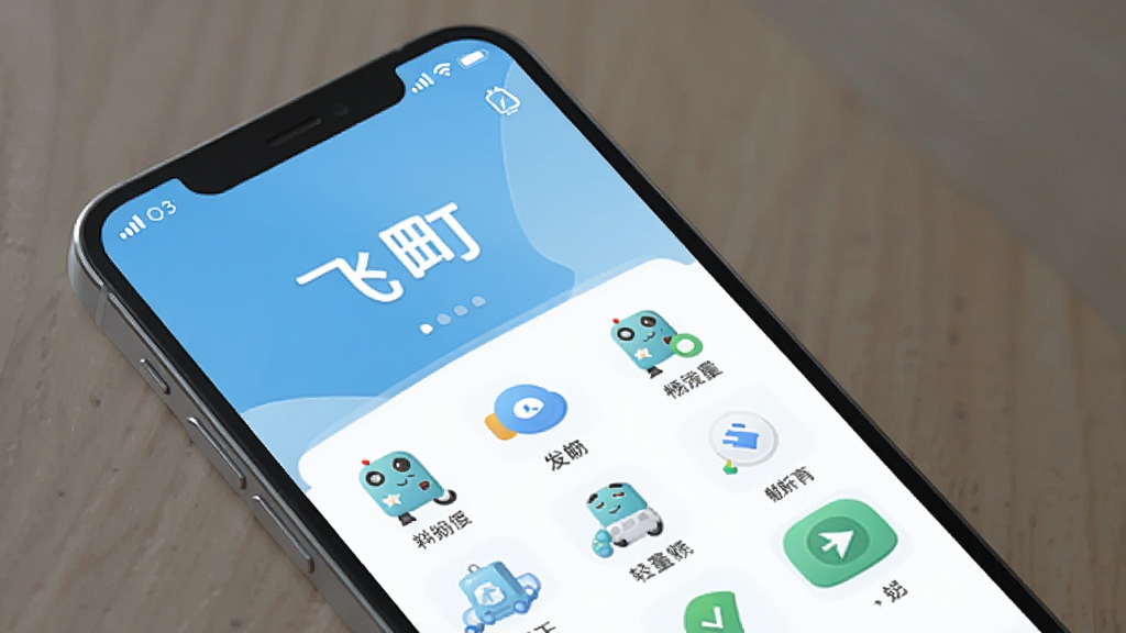 一张飞町App在手机上流畅运行的示意图,画面中手机屏幕显示飞町主界面,旁边有电量图标和信号图标,整体色调清爽,突出轻量流畅的感觉,风格简洁现代,画质干净无多余元素