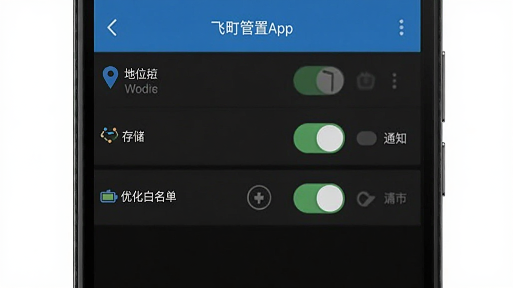 飞町App设置界面截图风格,手机屏幕展示权限管理列表,定位、存储、通知权限开关清晰可见,旁边有电池优化白名单选项,界面设计简洁,文字标签明确,画质干净无多余元素
