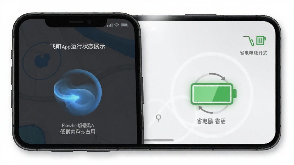 飞町App运行状态展示,手机屏幕显示流畅加载动画和低内存占用提示,旁边有电池图标显示省电模式开启,界面简洁,画质干净,无多余元素