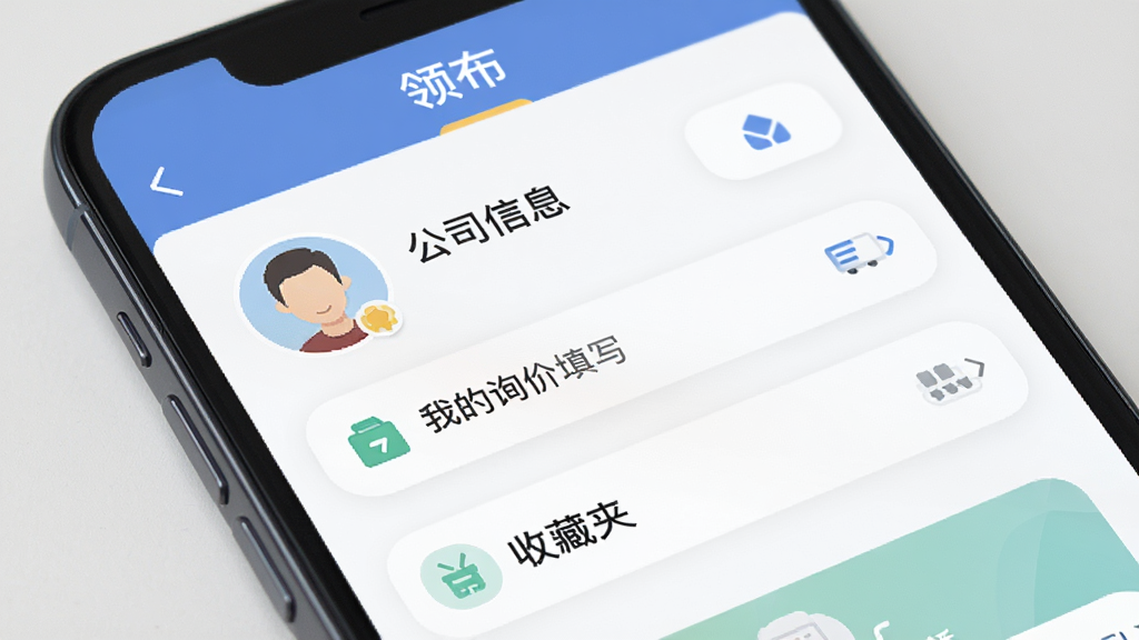 ����������һ���ֻ���Ļ��д����Ļ����ʾ���첼Ӧ�õĸ�������ҳ�棬ҳ������ͷ�񡢹�˾��Ϣ��д�����ҵ�ѯ�ۡ��ղؼе�ѡ�����Ϊ���½ṹ���Ű����룬����ƽ����ϸ����ͼ��Բ�󣬻��ʸɾ����޶���Ԫ�أ����涥���С��첼��������